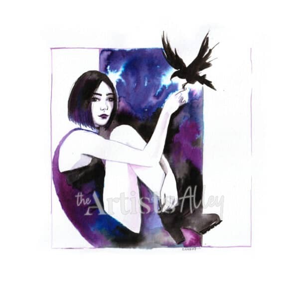 Aquarelle originale et unique sur papier d’art de “Raven” Adolescente au corbeau - 882