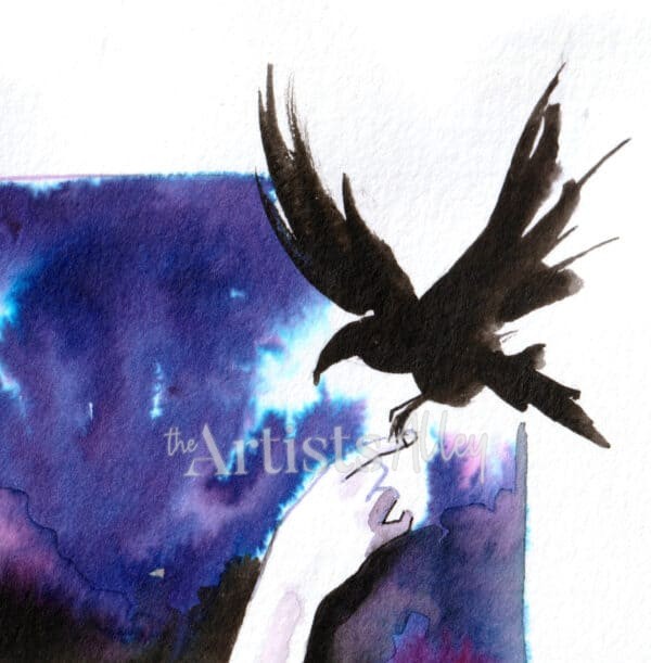 Aquarelle originale et unique sur papier d’art de “Raven” Adolescente au corbeau - 883