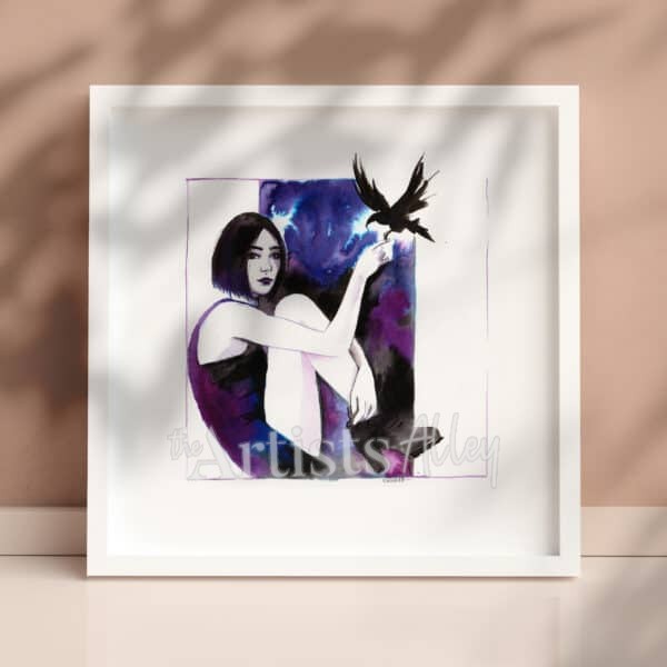 Aquarelle originale et unique sur papier d’art de “Raven” Adolescente au corbeau - 884