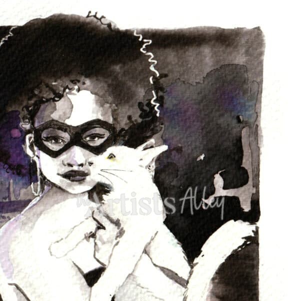 Aquarelle originale et unique sur papier d’art de Femme Noire avec chat - 941