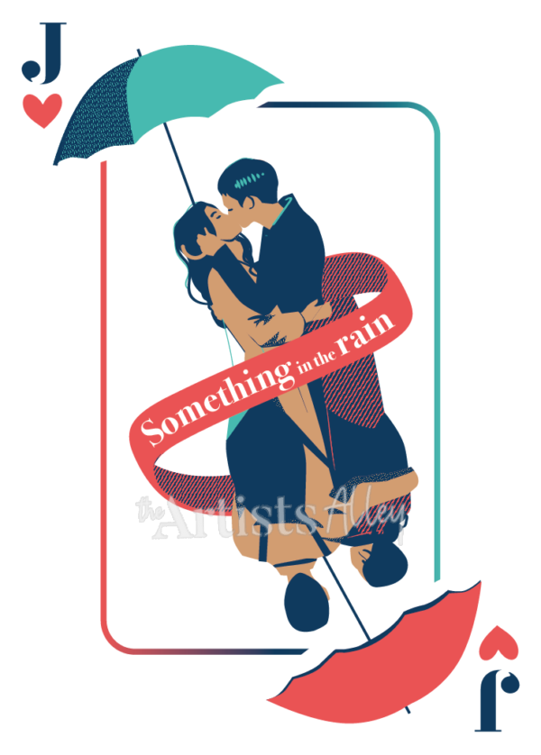 Impression Carte postale ou petit poster illustration Kdrama Something in the rain carte de jeu J Jin-ah Joon-hee parapluie rouge vert pluie - 2008