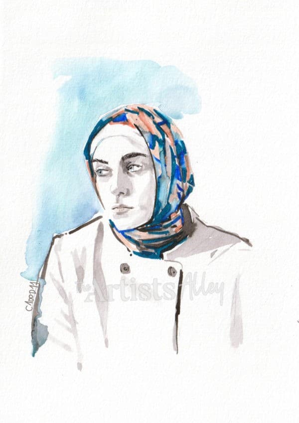 Peinture originale et unique femme mélancolique aux yeux bleus portant un hidjab coloré - 2006