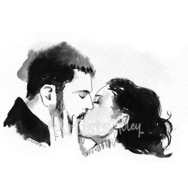 petite peinture encre de chine couple s’embrassant - 2045