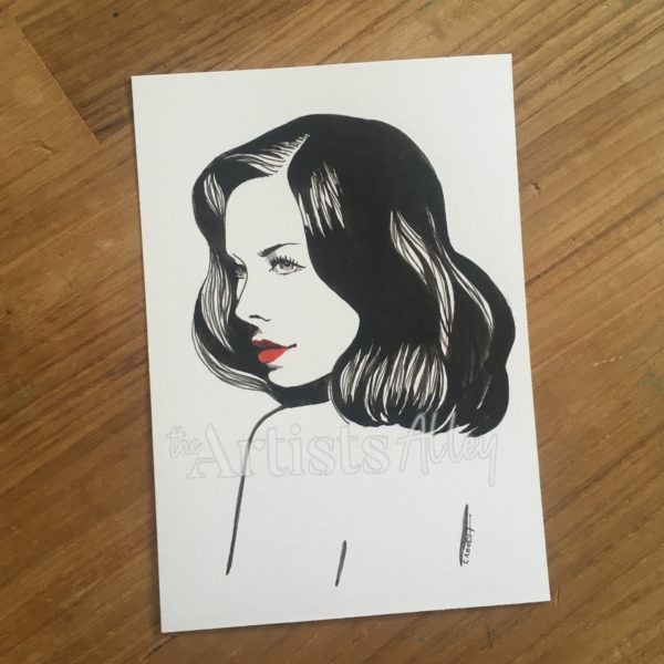 Peinture encre de chine femme fatale sexy rouge à lèvres carte postale - 2037