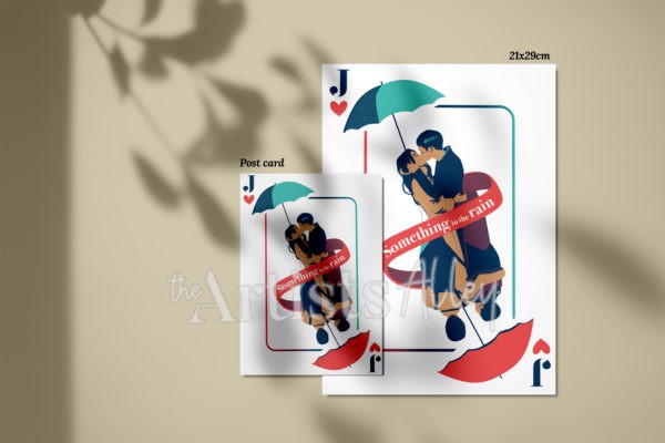 Impression Carte postale ou petit poster illustration Kdrama Something in the rain carte de jeu J Jin-ah Joon-hee parapluie rouge vert pluie - 2020