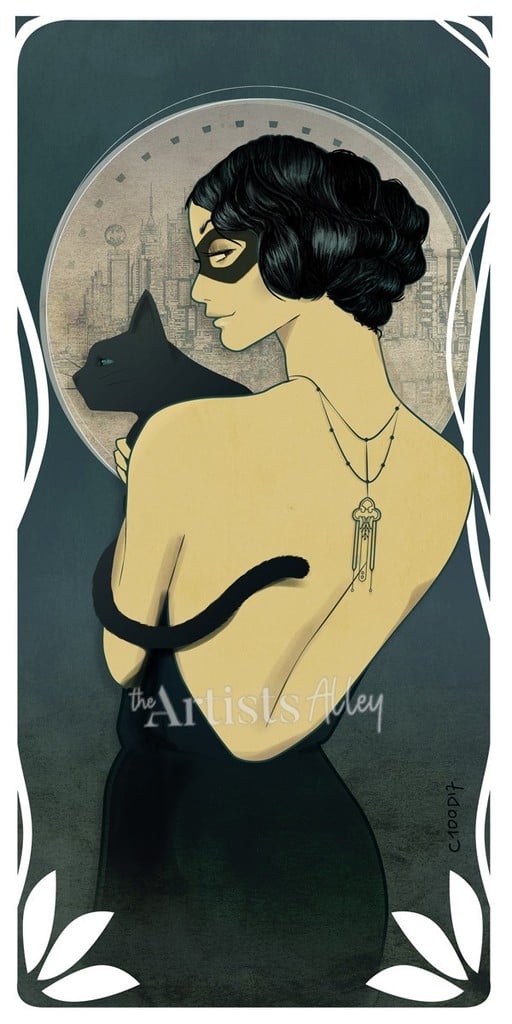 Impression Illustration Catwoman style Mucha fanart sensuel super héroine de Comics chat noir - 2134