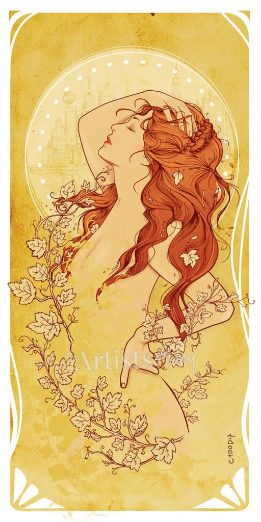 Illustration Poison Ivy la femme rousse style Mucha art nouveau Geek fanart sensuel super héro de DC Comics Nature Cheveux roux - 2137