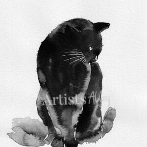 Encre de chine, chaton noir sur papier art format 21x28cm