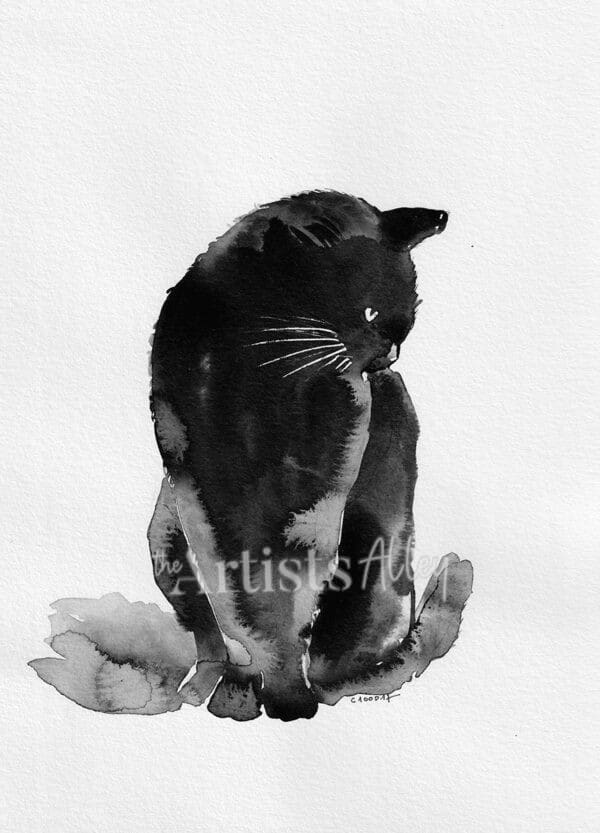 Encre de chine, chaton noir sur papier art format 21x28cm - 5188