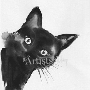 Encre de chine Portrait de chat noir sur papier art format 21x28cm