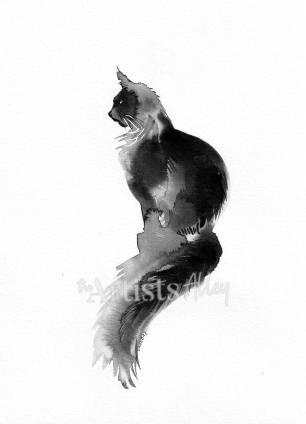 Encre de chine chat main coon noir sur papier art format 21x28cm - 5200