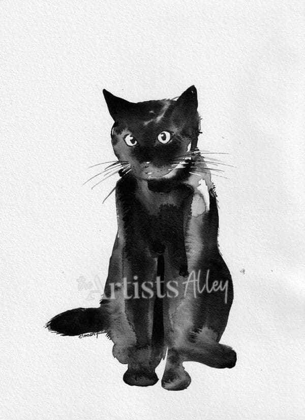 Encre de chine, chat noir sur papier art format 21x28cm - 5219