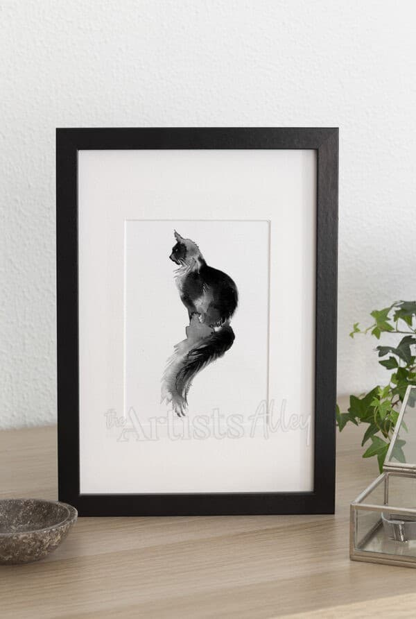 Encre de chine chat main coon noir sur papier art format 21x28cm - 5201