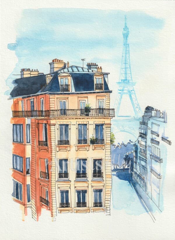 Aquarelle sur papier d’art – Façade parisienne avec la tour Eiffel Dessin d’architecture Paris Format 21x28cm - 5038
