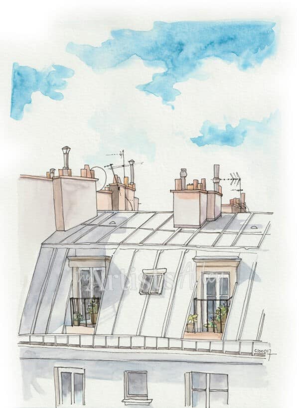 Aquarelle sur papier d’art – Façade parisienne les toits de Paris Dessin d’architecture Paris Format 21x28cm - 5041