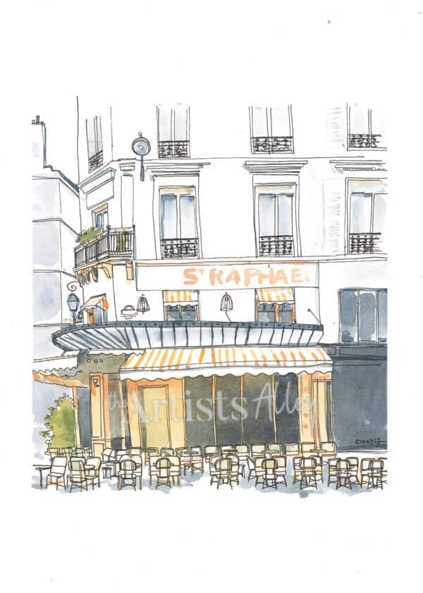 Aquarelle sur papier d’art Façade parisienne de Café Bistrot Dessin d’architecture Paris Format 21x28cm - 5455
