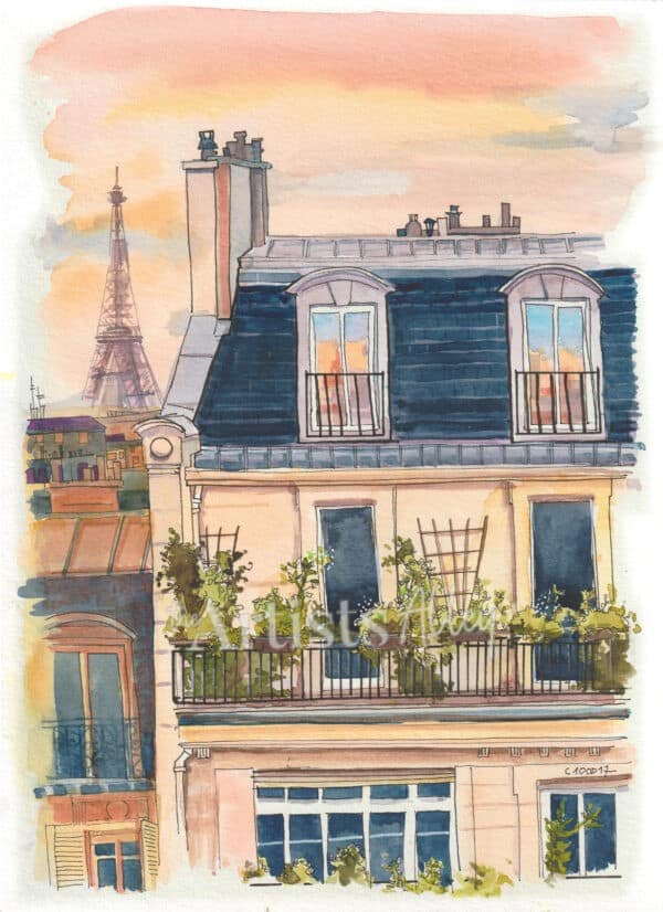 Aquarelle sur papier d’art – Façade parisienne avec la tour Eiffel Dessin d’architecture Paris Format 21x28cm - 5036