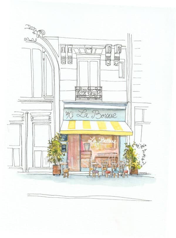 Aquarelle sur papier d’art – Façade parisienne de la boutique “La Bossue” Dessin d’architecture Paris Format 21x28cm - 5032