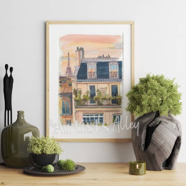 Aquarelle sur papier d’art – Façade parisienne avec la tour Eiffel Dessin d’architecture Paris Format 21x28cm - 5035