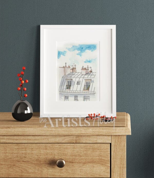 Aquarelle sur papier d’art – Façade parisienne les toits de Paris Dessin d’architecture Paris Format 21x28cm - 5040