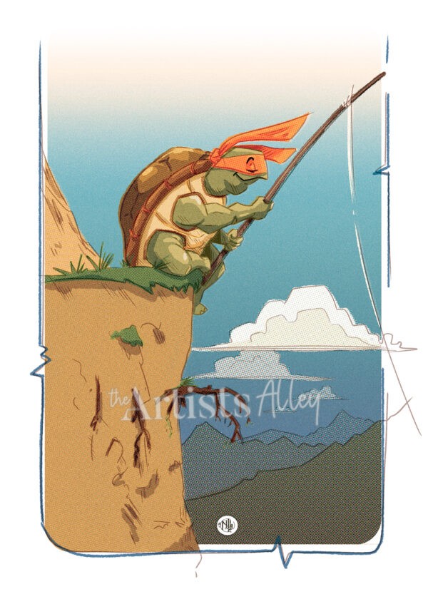PRINT : Une tortue (ninja) qui pêche à flanc de montagne. - 8268