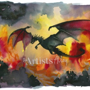 Peinture au format A4 horizontal représentant un dragon en plein vol au-dessus d'un paysage volcanique avec de la lave en fusion et des flammes.