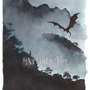Peinture à l'encre noire de style estampe asiatique représentant un dragon et une silhouette féminine dans un paysage de montagne.
