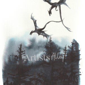 Peinture à l'aquarelle au format A4, à l'encre noire, représentant deux dragons en vol au-dessus d'une forêt dense et sombre.