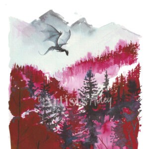 Peinture à l'aquarelle au format A4, représentant deux dragons en vol au-dessus d'une forêt rouge écarlate.