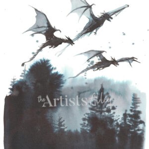 Peinture à l'aquarelle à l'encre noire représentant trois dragons en vol menaçant au-dessus d'une forêt sinistre.