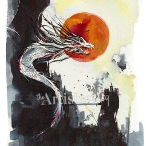 Peinture à l'aquarelle au format A4 représentant un dragon en colère dans un style asiatique affrontant une montagne noire sous un ciel orange.