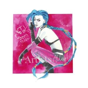 Jinx, l’enfant terrible de Zaun, capturée à l’aquarelle Fan art Arcane format 25×25 sur papier d’art