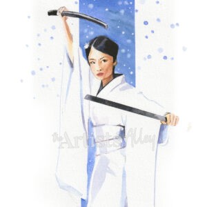 Aquarelle originale et graphique représentant Lucy Liu dans le rôle d'O-Ren Ishii (Kill Bill), en kimono et sabres sur une bande bleue enneigée.