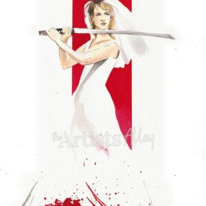 Peinture à l'aquarelle inspirée de Kill Bill, représentant Uma Thurman dans sa robe de mariée tachée de sang, avec une bande rouge.
