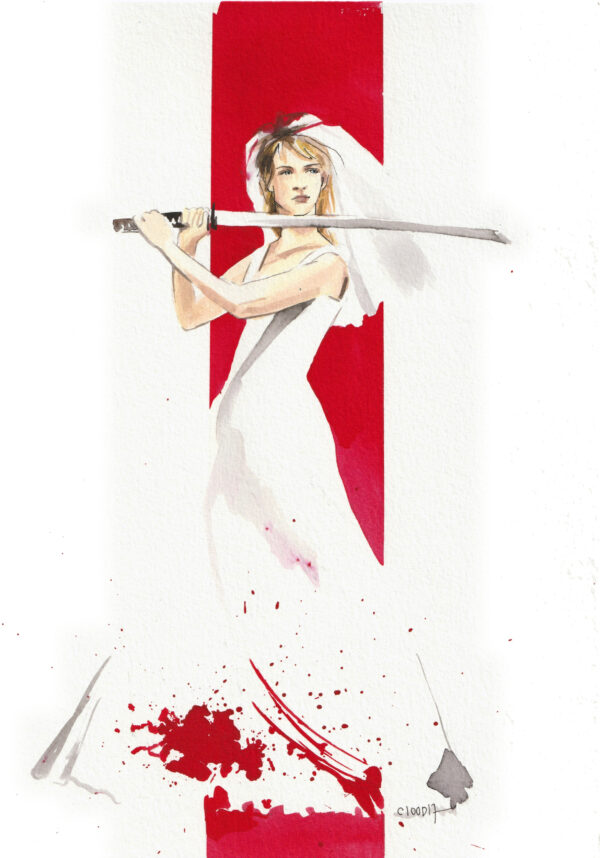 Peinture à l'aquarelle inspirée de Kill Bill, représentant Uma Thurman dans sa robe de mariée tachée de sang, avec une bande rouge.