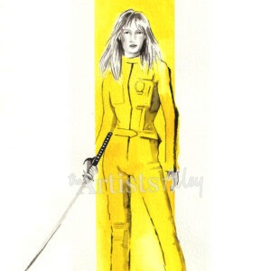 Aquarelle d'Uma Thurman dans le rôle de Beatrix Kiddo (La Mariée) dans Kill Bill, avec une bande jaune graphique