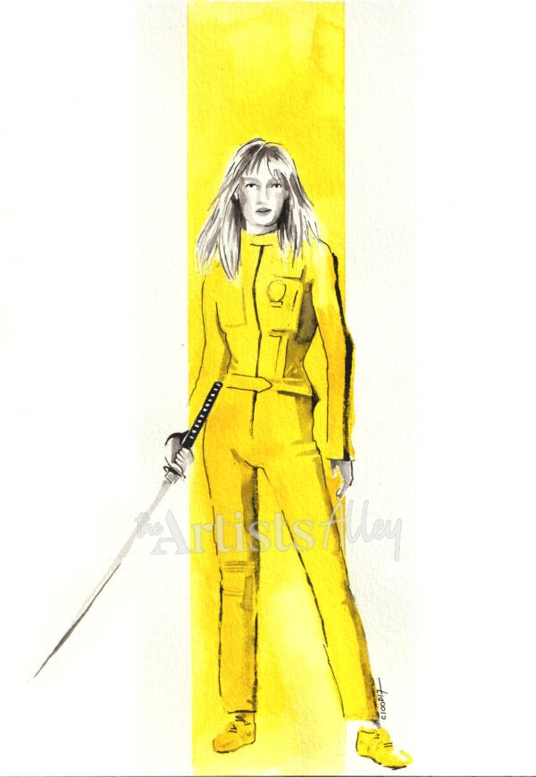 Aquarelle d'Uma Thurman dans le rôle de Beatrix Kiddo (La Mariée) dans Kill Bill, avec une bande jaune graphique