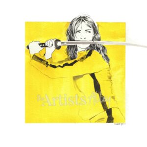 Peinture à l'aquarelle de Uma Thurman dans le rôle de La Mariée, portant sa combinaison jaune et tenant son sabre, inspirée du film Kill Bill de Quentin Tarantino.