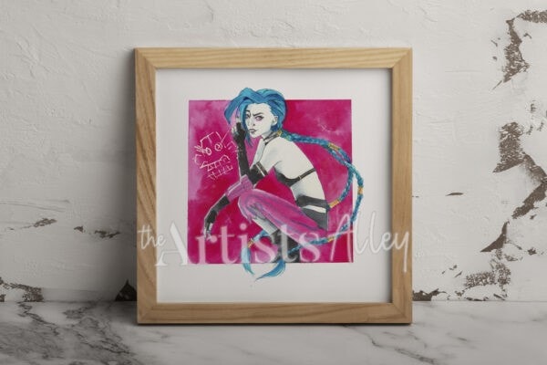 Jinx, l’enfant terrible de Zaun, capturée à l’aquarelle Fan art Arcane format 25×25 sur papier d’art - 9559