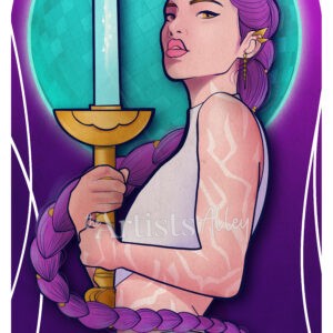 Illustration numérique Rumi Kpop Demon Hunter, super héroïne femme avec sabre et marques démon, série d'art digitale.