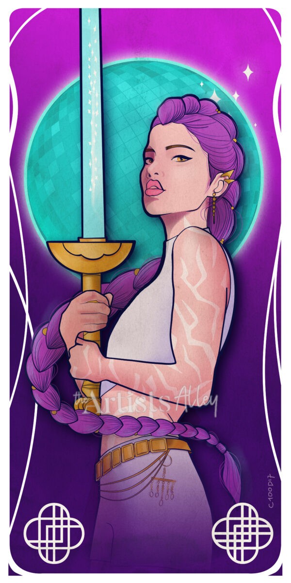 Illustration numérique Rumi Kpop Demon Hunter, super héroïne femme avec sabre et marques démon, série d'art digitale.