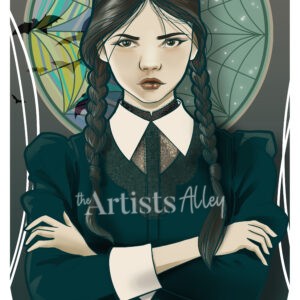 Fan art Mercredi Addams style Mucha. Illustration numérique gothique et élégante.