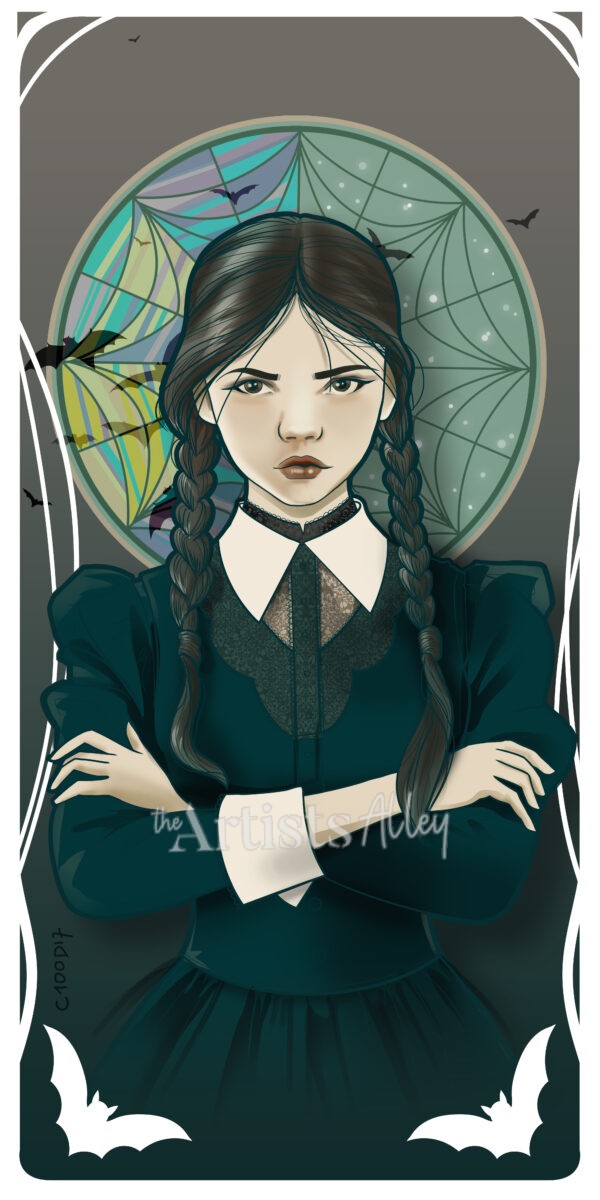Fan art Mercredi Addams style Mucha. Illustration numérique gothique et élégante.