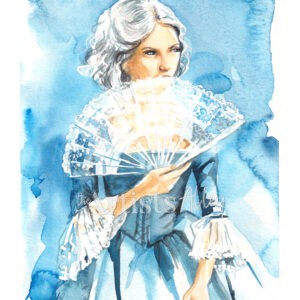 Aquarelle originale d'une jeune femme noble aux cheveux blanc-argenté en robe bleue. Elle tient un éventail en dentelle blanche devant son visage. Style portrait historique baroque avec un fond bleu vibrant.