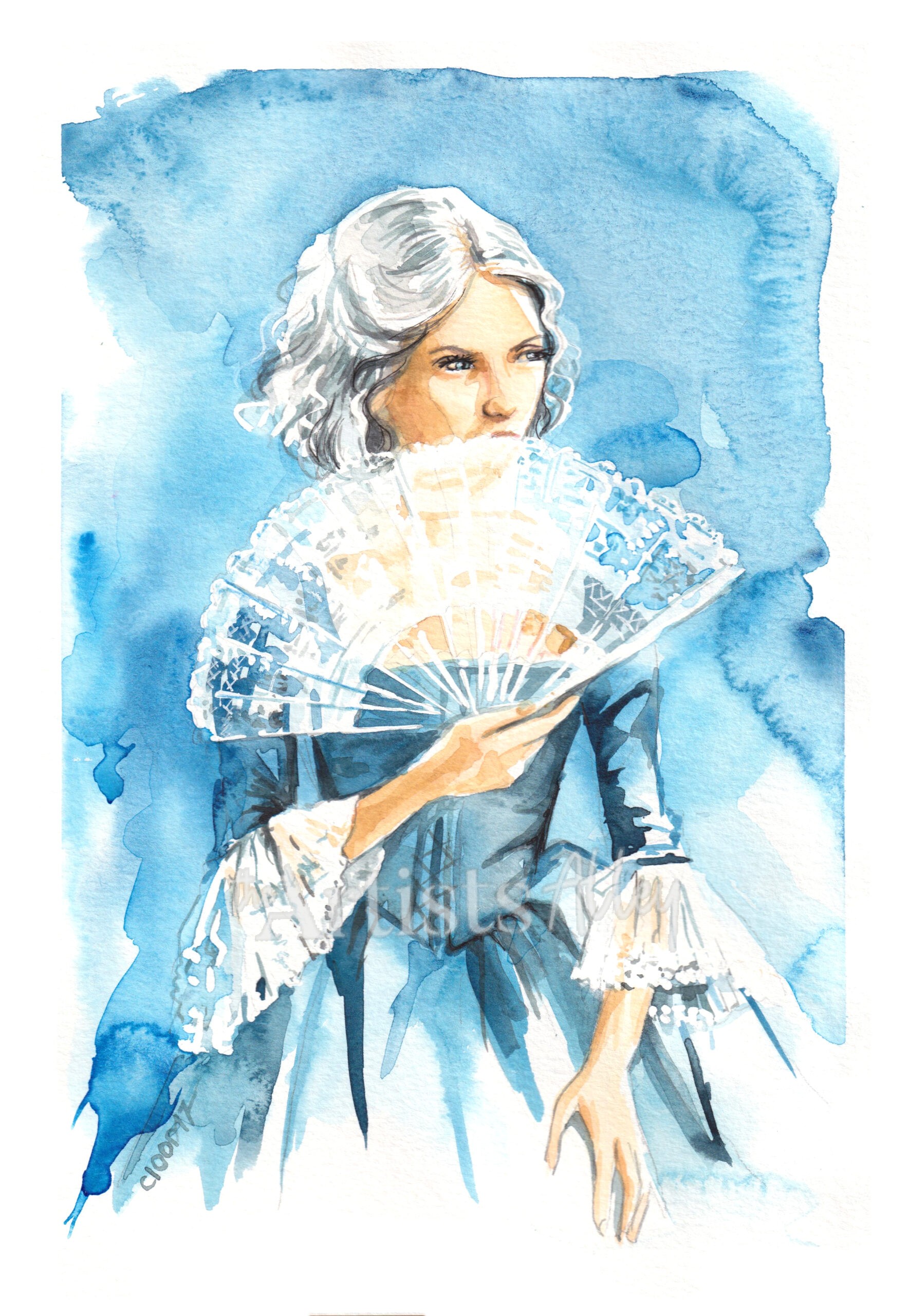 portrait-aquarelle-femme-baroque-eventail-bleu.jpg Aquarelle originale d'une jeune femme noble aux cheveux blanc-argenté en robe bleue. Elle tient un éventail en dentelle blanche devant son visage. Style portrait historique baroque avec un fond bleu vibrant.