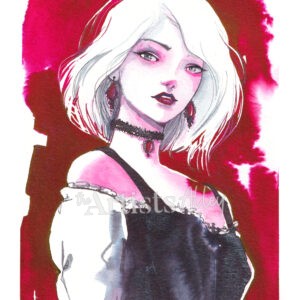 Aquarelle originale d'une femme aux cheveux blancs et lèvres bordeaux sur un fond rouge sang vibrant. Elle porte un corset noir, un tour de cou en dentelle noire avec une gemme rouge et des boucles d'oreilles assorties