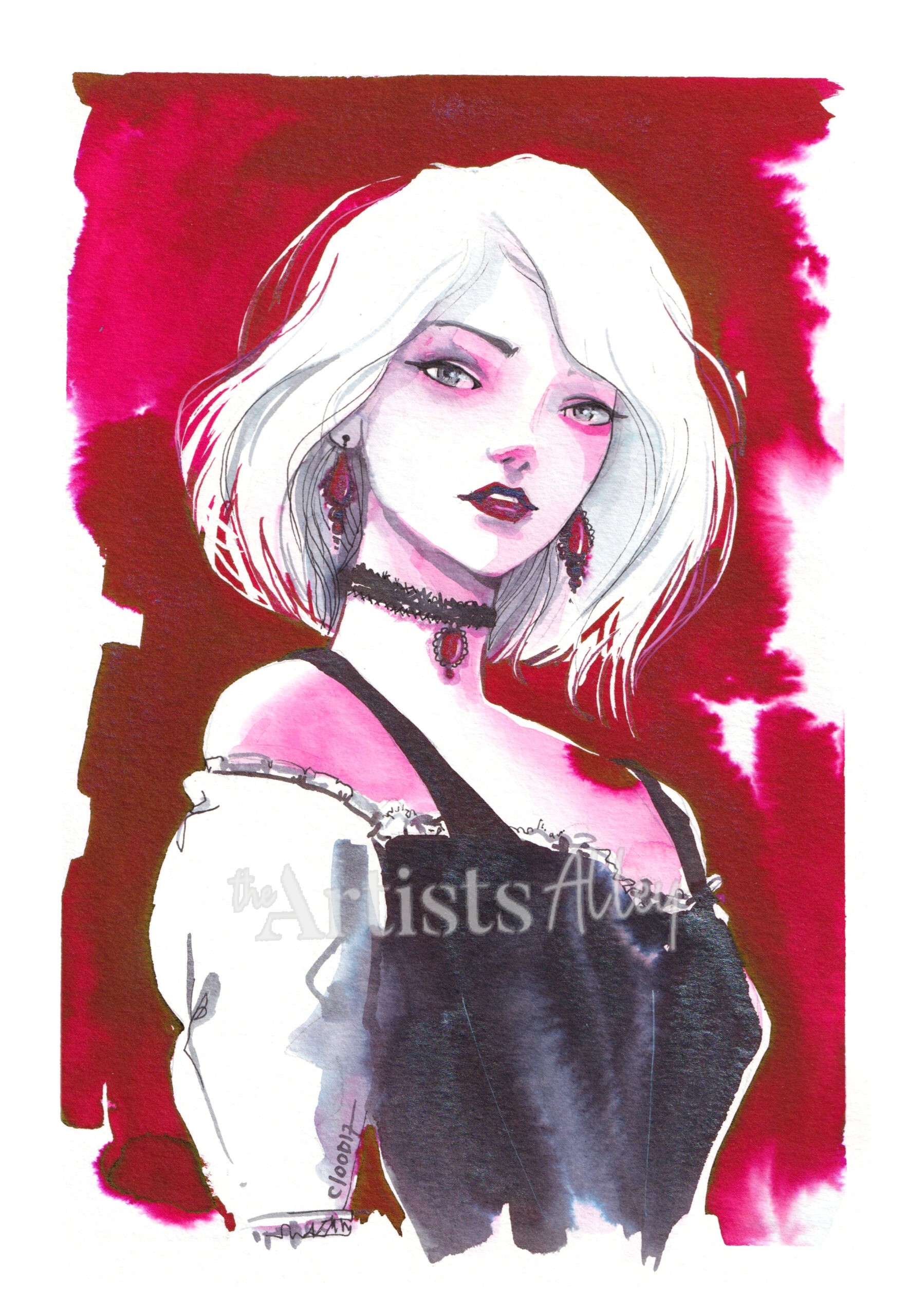 aquarelle-originale-femme-cheveux-blancs-fond-rouge-gothique.jpg Aquarelle originale d'une femme aux cheveux blancs et lèvres bordeaux sur un fond rouge sang vibrant. Elle porte un corset noir, un tour de cou en dentelle noire avec une gemme rouge et des boucles d'oreilles assorties
