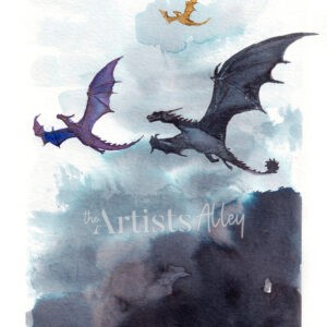 Aquarelle originale de trois dragons (violet, noir et or) volant dans un ciel nuageux bleu et gris, style fantasy traditionnel.